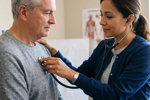 Älterer Mann wird von der Ärztin untersucht – Verdacht auf akute Bronchitis