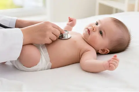 Baby wird beim Kinderarzt untersucht – Abklärung von Husten und Atemwegsinfekt