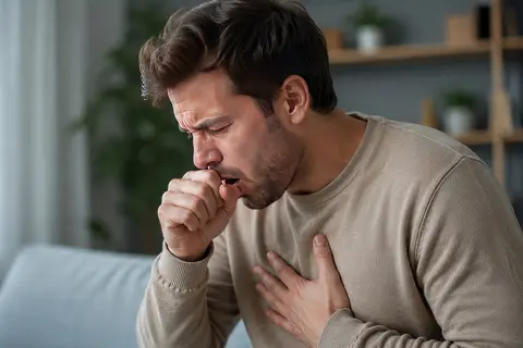 Junger Mann hustet auf dem Sofa – typisches Symptom bei akuter Bronchitis