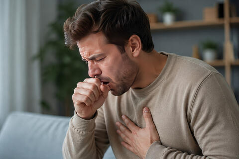 Junger Mann hustet auf dem Sofa – typisches Symptom bei akuter Bronchitis